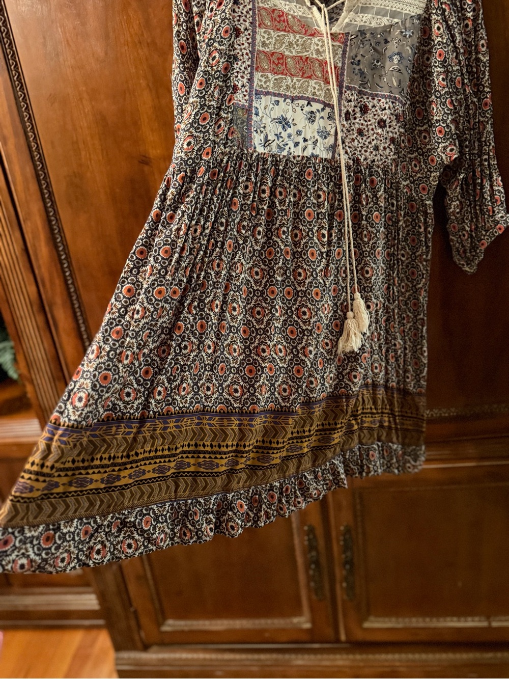 Umgee Bohemian Patchwork Midi Dress in Rust Floral - Picture 6 of 7
